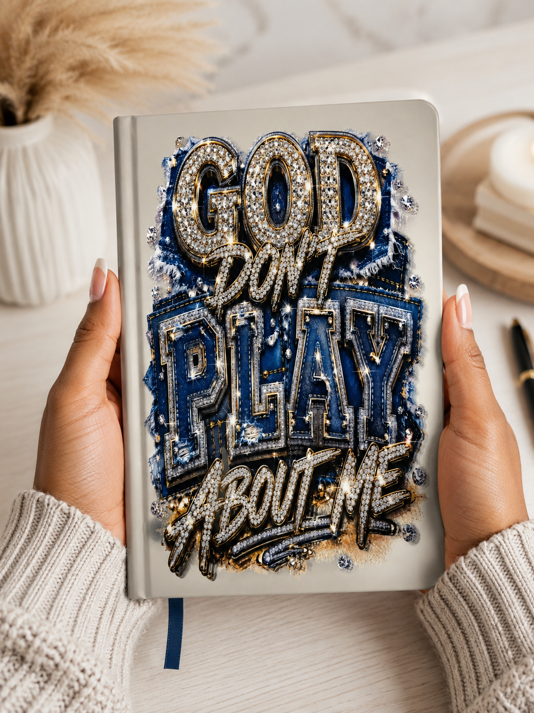 God Don’t Play About Me Denim UV DTF Journal Transfer