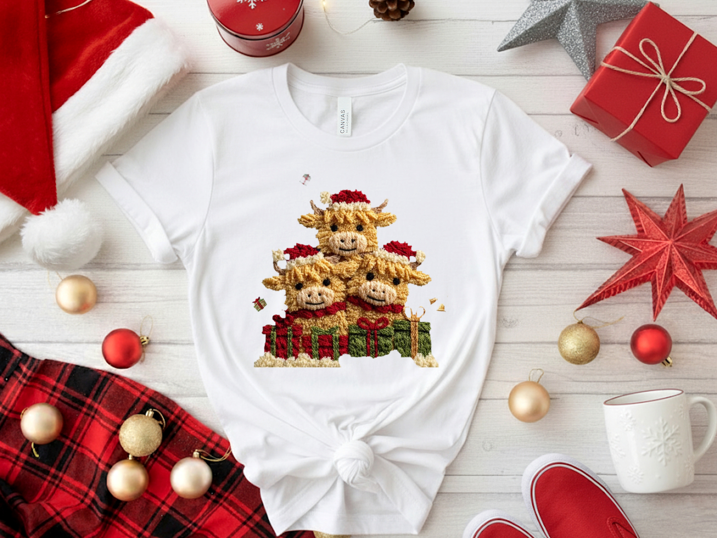 Ready to Press Cows Christmas Faux Yarn DTF 12 inch Transfer